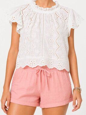 Whimsical Romantic Summer Flowy Boho White Elevated Eyelet Floral Top [size L]